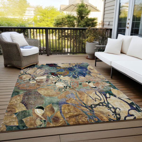9' X 12' Beige and Blue Abstract Washable Indoor Outdoor Area Rug