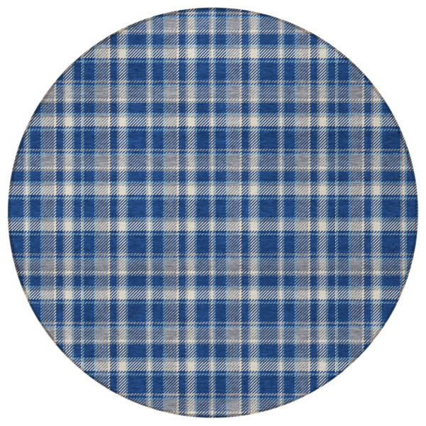 8' Round Navy and Ivory Round Plaid Washable Non Skid Indoor Outdoor Area Rug
