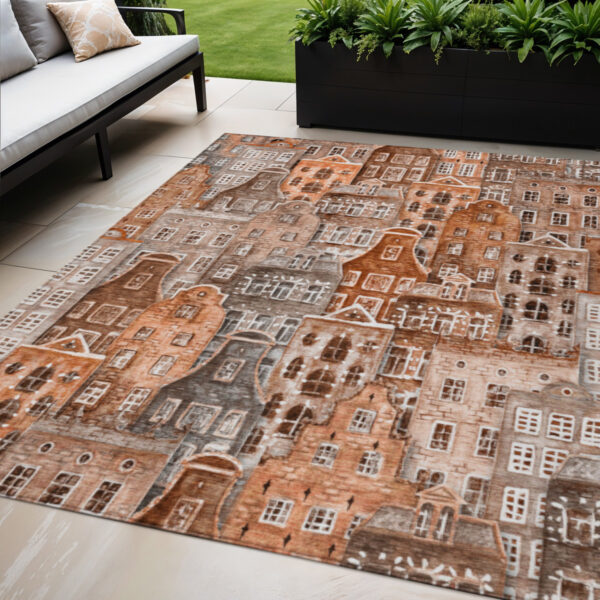 5' X 8' Orange Copper And Salmon Village Houses Washable Indoor Outdoor Area Rug