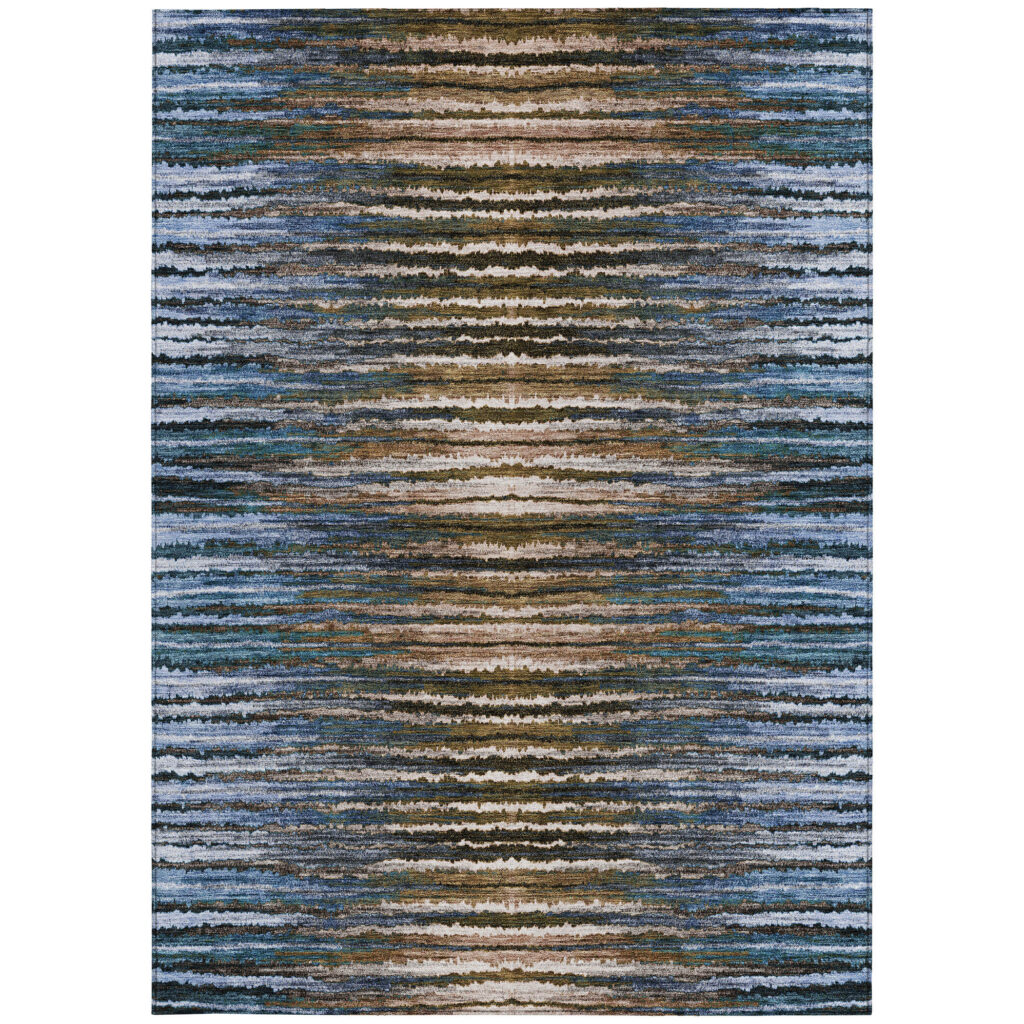 8' X 10' Blue Brown And Sky Blue Striped Washable Indoor Outdoor Area Rug