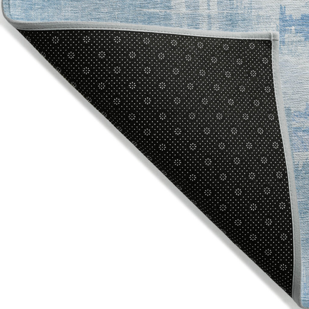 8' Sky Blue And Denim Blue Round Abstract Washable Indoor Outdoor Area Rug