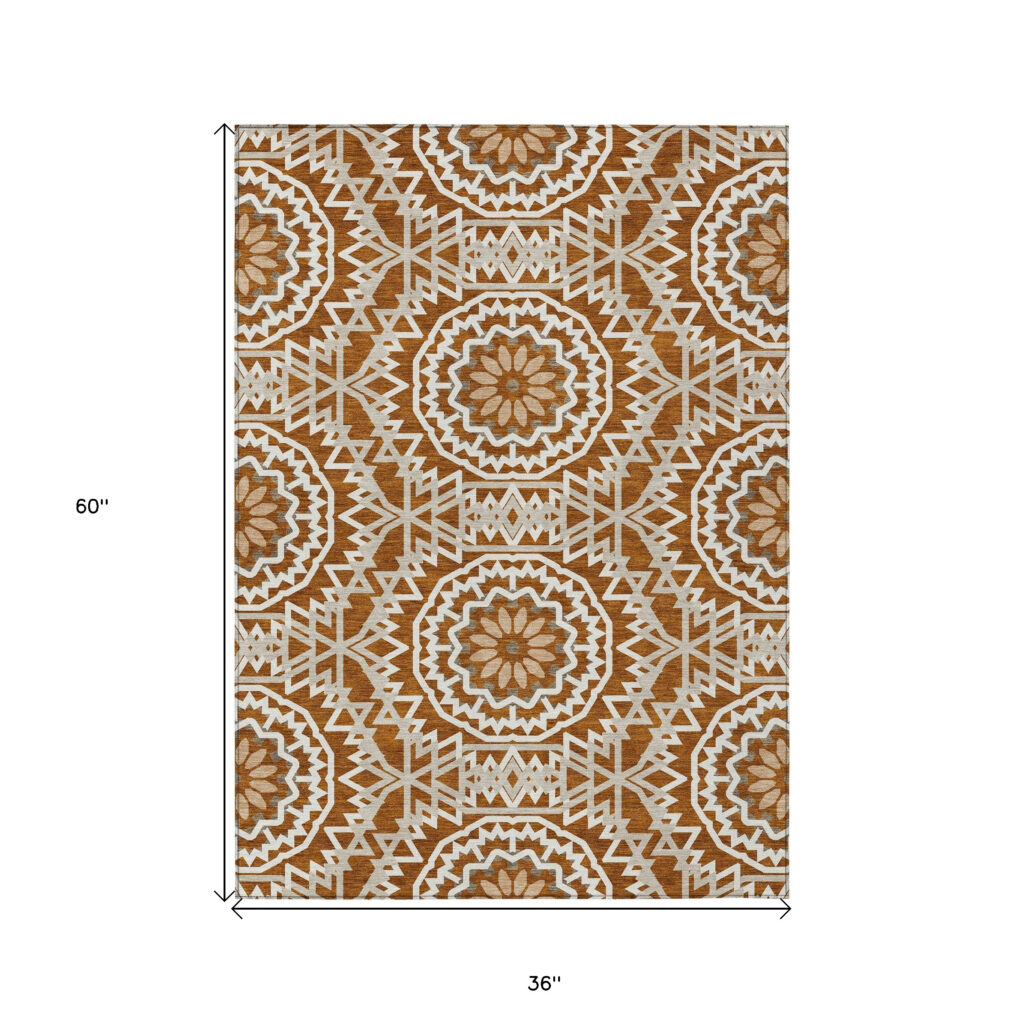 3' X 5' Orange Copper And Beige Floral Medallion Washable Indoor Outdoor Area Rug
