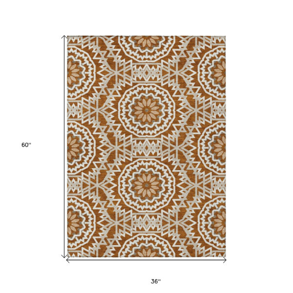 3' X 5' Orange Copper And Beige Floral Medallion Washable Indoor Outdoor Area Rug
