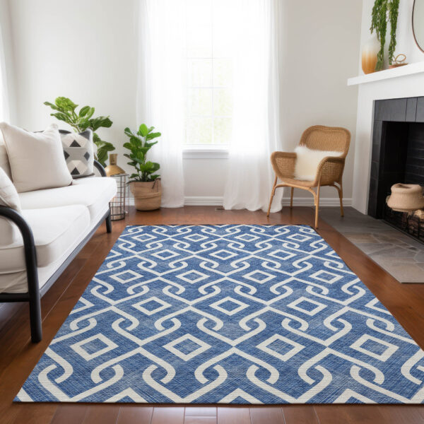 8' X 10' Blue And Ivory Geometric Washable Indoor Outdoor Area Rug