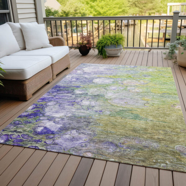 9' X 12' Artichoke Green Purple And Lilac Abstract Washable Indoor Outdoor Area Rug