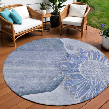 8' Sky Blue And Indigo Round Floral Washable Indoor Outdoor Area Rug