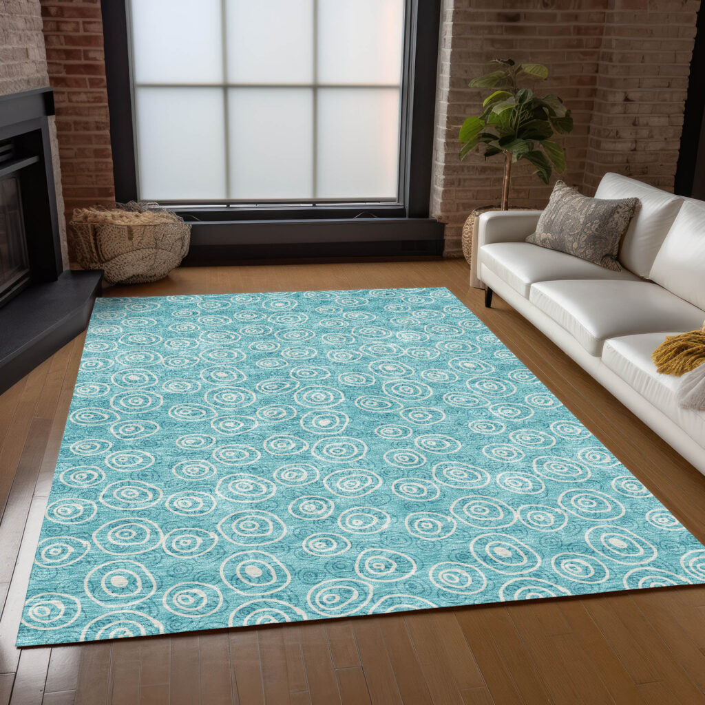 3' X 5' Teal Blue And Ivory Geometric Washable Indoor Outdoor Area Rug