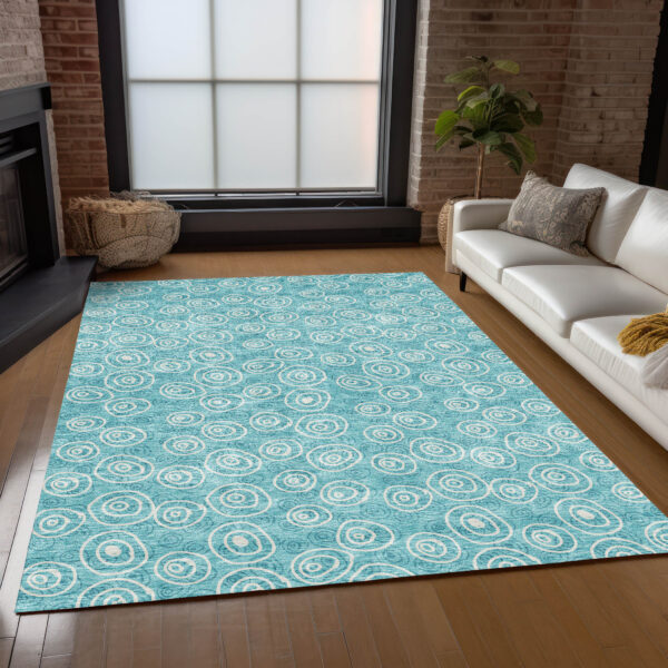 3' X 5' Teal Blue And Ivory Geometric Washable Indoor Outdoor Area Rug
