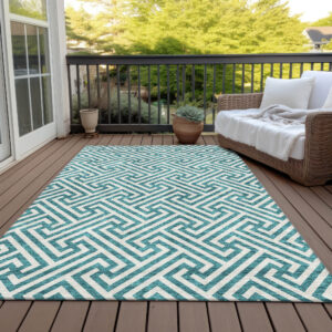 3' X 5' Teal Blue And Ivory Geometric Washable Indoor Outdoor Area Rug