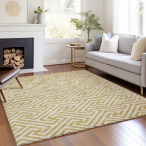 3' X 5' Gold And Ivory Geometric Washable Indoor Outdoor Area Rug