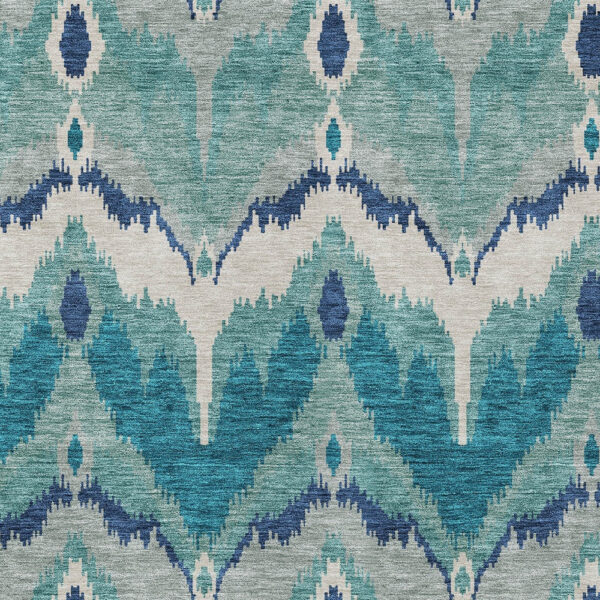 10' X 14' Teal Blue Navy Blue And Ivory Ikat Washable Indoor Outdoor Area Rug