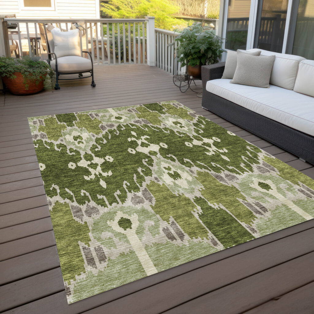 10' X 14' Olive Green And Artichoke Green Ikat Washable Indoor Outdoor Area Rug