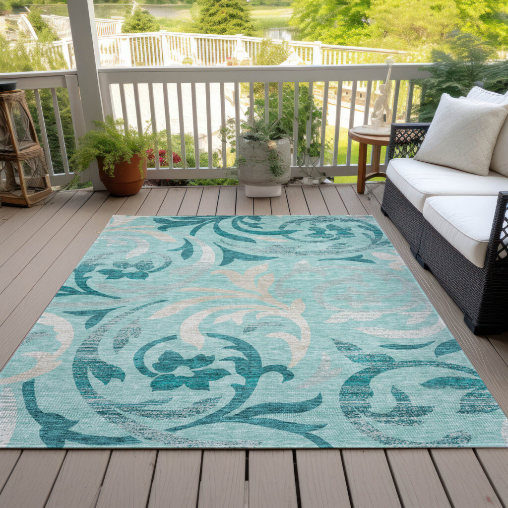 8' X 10' Teal Blue Aqua And Beige Floral Washable Indoor Outdoor Area Rug