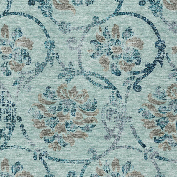 8' X 10' Teal Blue Gray And Aqua Floral Washable Indoor Outdoor Area Rug
