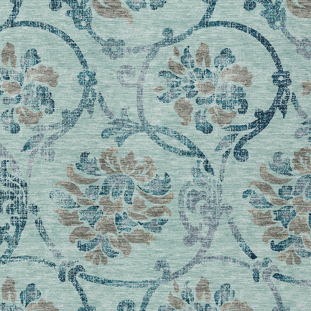 8' X 10' Teal Blue Gray And Aqua Floral Washable Indoor Outdoor Area Rug