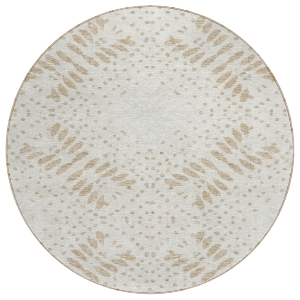 8' Beige Taupe And Tan Round Floral Washable Indoor Outdoor Area Rug