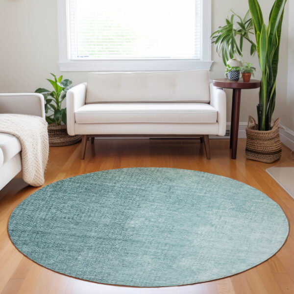 8' Teal Blue And Aqua Round Abstract Washable Indoor Outdoor Area Rug