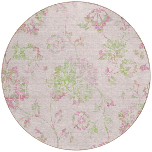8' Pink Blush And Artichoke Green Round Floral Washable Indoor Outdoor Area Rug