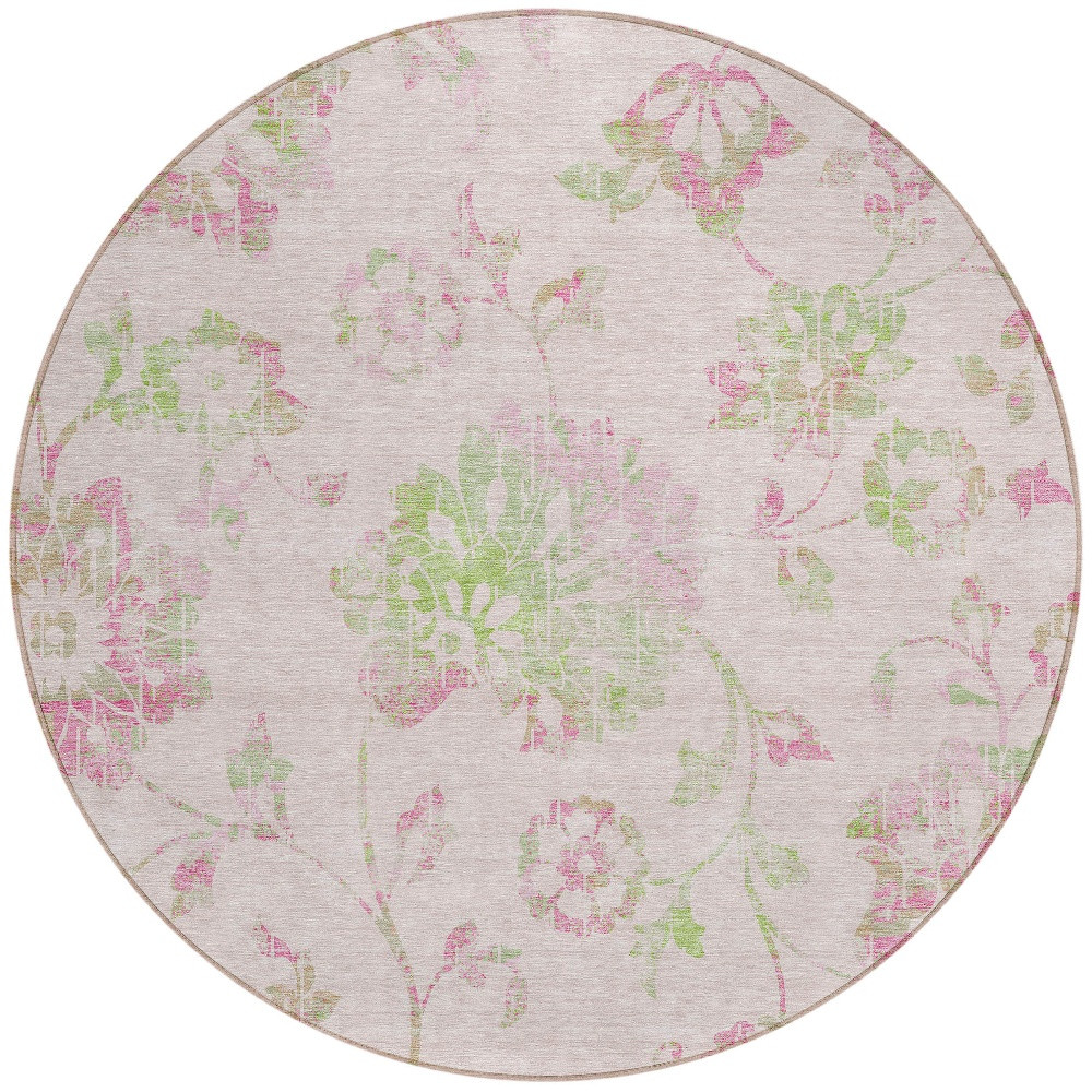 8' Pink Blush And Artichoke Green Round Floral Washable Indoor Outdoor Area Rug