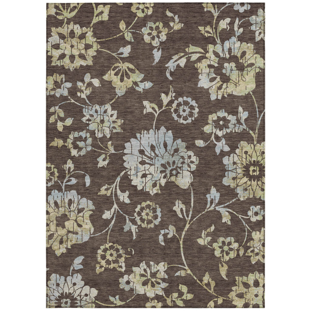 10' X 14' Chocolate Sky Blue And Artichoke Green Floral Washable Indoor Outdoor Area Rug