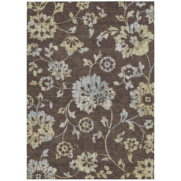 10' X 14' Chocolate Sky Blue And Artichoke Green Floral Washable Indoor Outdoor Area Rug