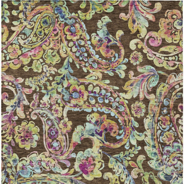 9' X 12' Chocolate And Artichoke Green Paisley Washable Indoor Outdoor Area Rug