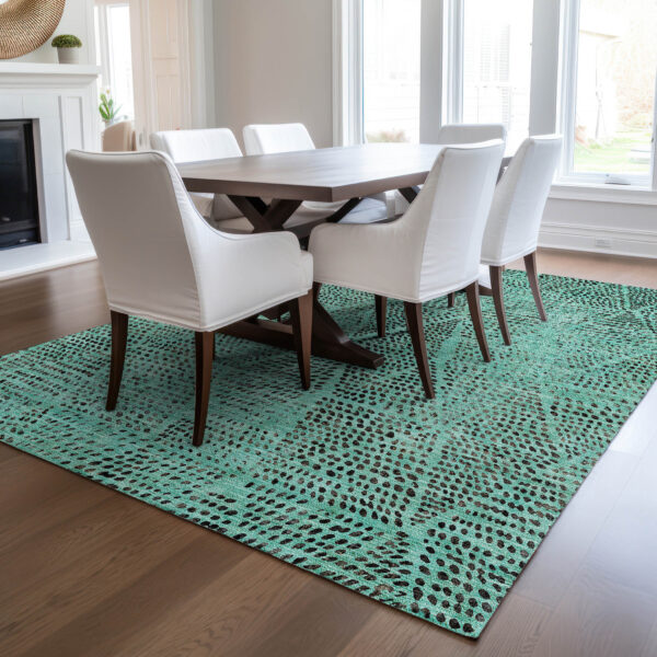10' X 14' Teal Blue And Charcoal Geometric Washable Indoor Outdoor Area Rug