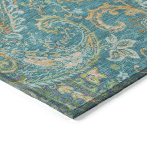 9' X 12' Teal Paisley Washable Non Skid Indoor Outdoor Area Rug
