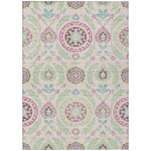5' X 8' Pink Mauve And Mint Green Floral Washable Indoor Outdoor Area Rug