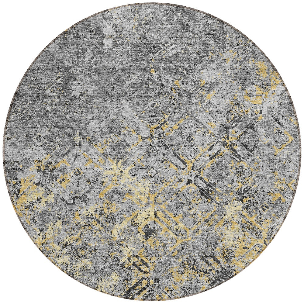 8' Gray Silver And Charcoal Round Geometric Washable Indoor Outdoor Area Rug