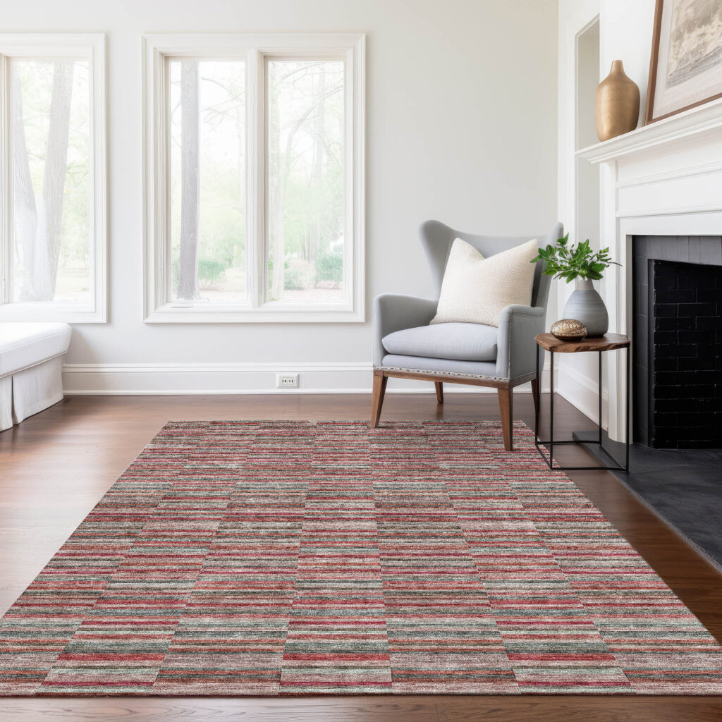 3' X 5' Red Beige And Copper Striped Washable Indoor Outdoor Area Rug