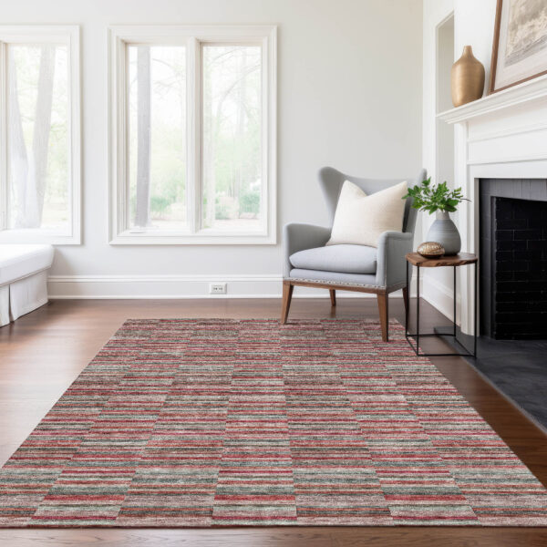 3' X 5' Red Beige And Copper Striped Washable Indoor Outdoor Area Rug