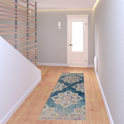 7' Teal Blue Medallion Power Loom Runner Rug With Fringe