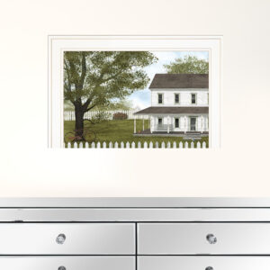 White Farmhouse with Picket Fence White Framed Print Wall Art