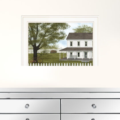 White Farmhouse with Picket Fence White Framed Print Wall Art
