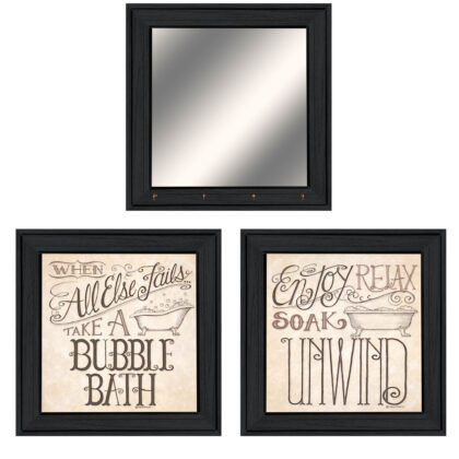 Set Of Three Soak And Unwind 3 Black Framed Print Bathroom Wall Art