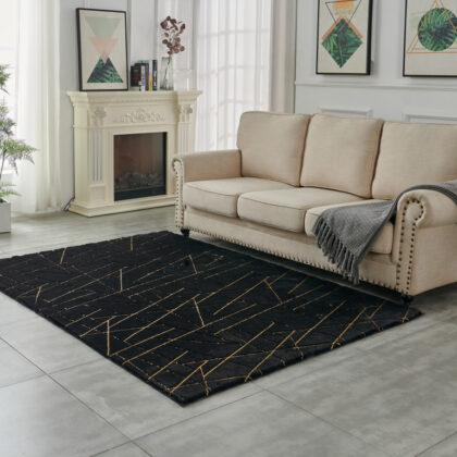 3' X 5' Black and Gold Faux Fur Abstract Shag Non Skid Area Rug