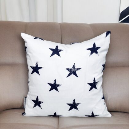 16" White and Blue Star Cotton Throw Pillow