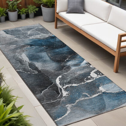 8' Runner Ivory Blue and Gray Abstract Washable Non Skid Indoor Outdoor Runner Rug