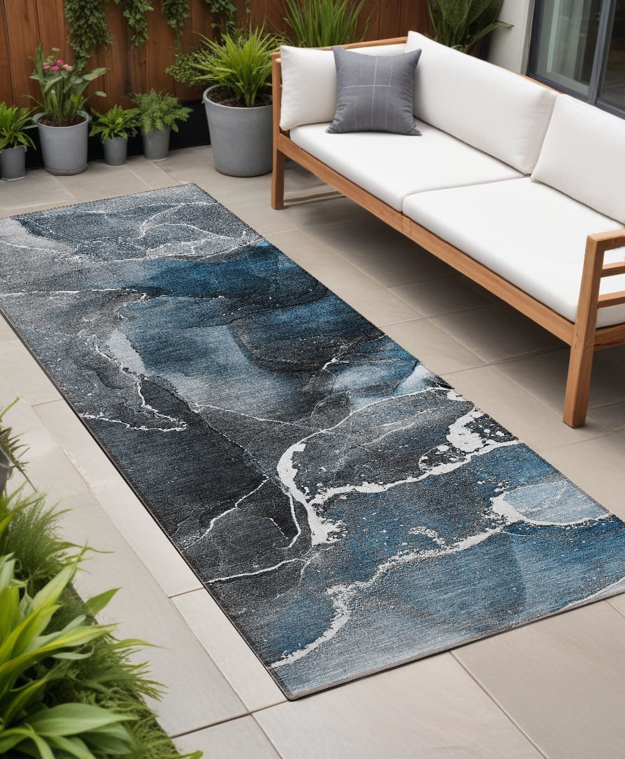 8' Runner Ivory Blue and Gray Abstract Washable Non Skid Indoor Outdoor Runner Rug