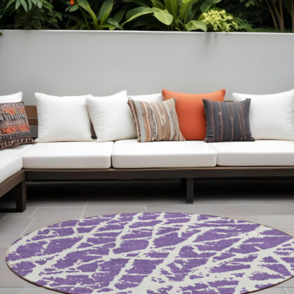 8' Round Purple and White Round Abstract Washable Non Skid Indoor Outdoor Area Rug