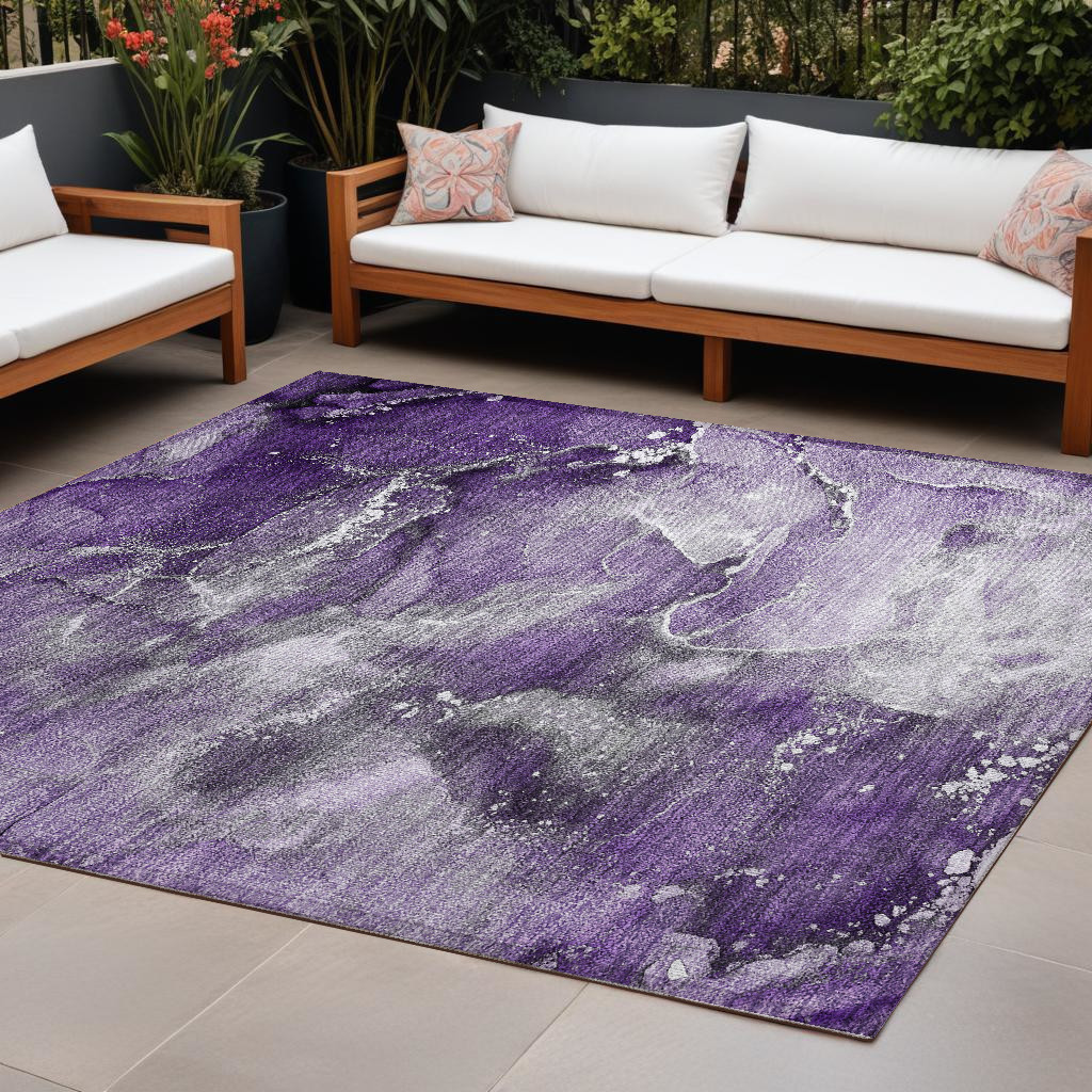 10' X 14' Gray and Purple Abstract Washable Non Skid Indoor Outdoor Area Rug