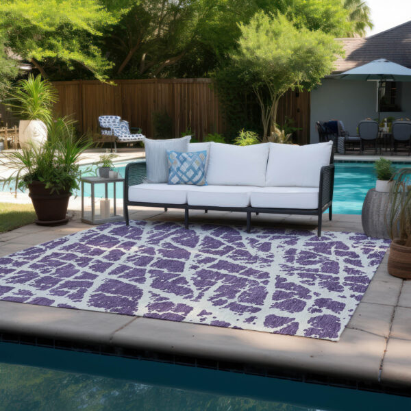 3' X 5' Purple and White Abstract Washable Non Skid Indoor Outdoor Area Rug