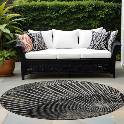 8' Round Black and Ivory Round Abstract Washable Non Skid Indoor Outdoor Area Rug