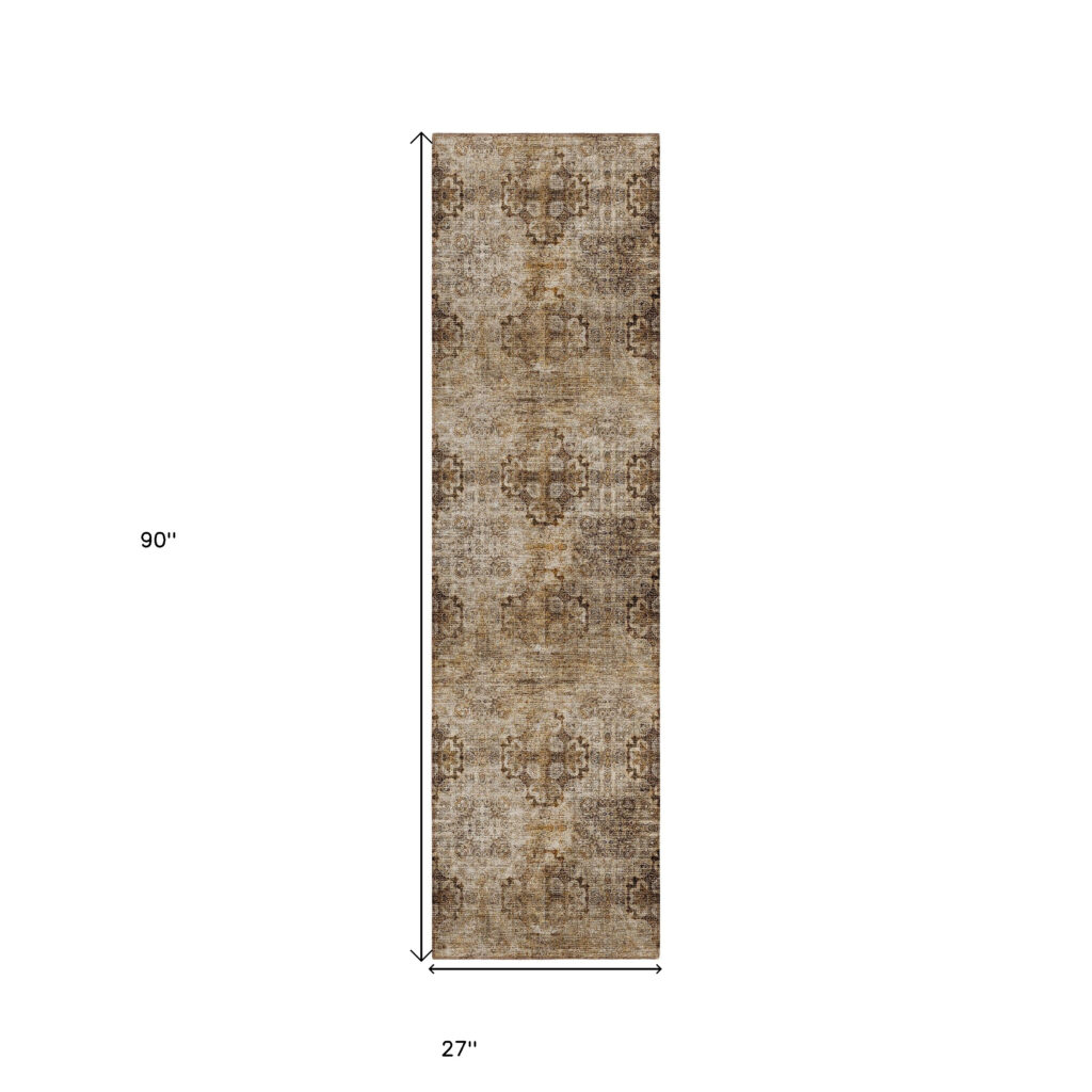 2' X 8' Taupe Floral Medallion Washable Non Skid Indoor Outdoor Runner Rug