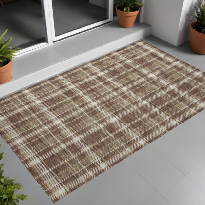 2' X 3' Chocolate and Ivory Plaid Washable Non Skid Indoor Outdoor Area Rug