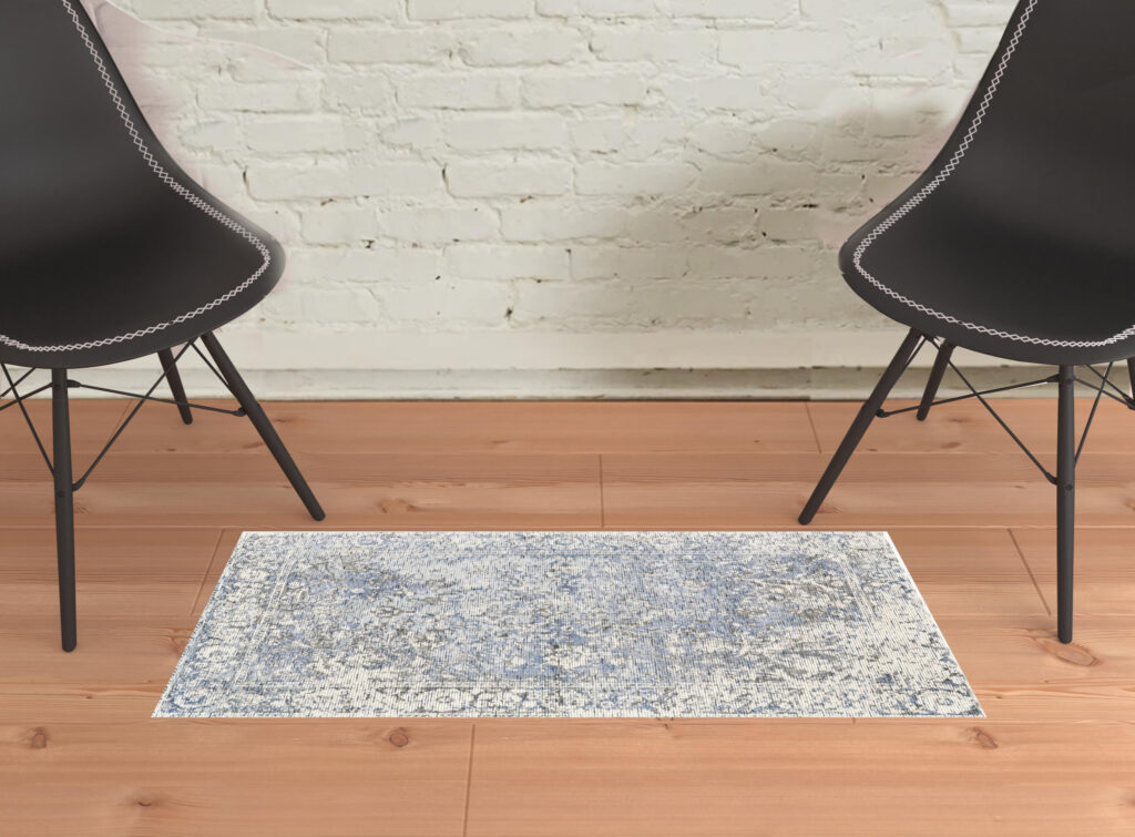 2' X 3' Blue Ivory And Gray Abstract Hand Woven Area Rug