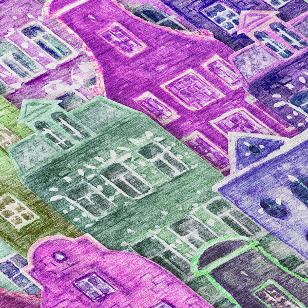 10' X 14' Purple Lilac And Green Village Houses Washable Indoor Outdoor Area Rug