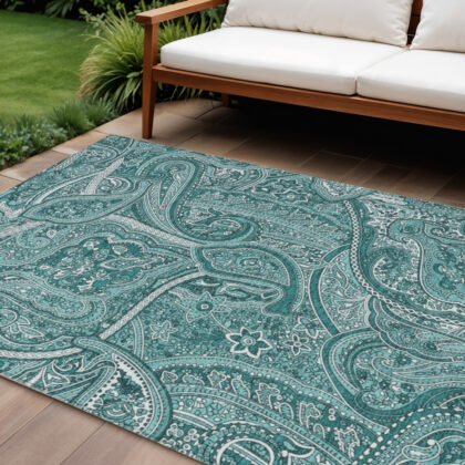 8' X 10' Teal Blue Aqua And Ivory Paisley Washable Indoor Outdoor Area Rug