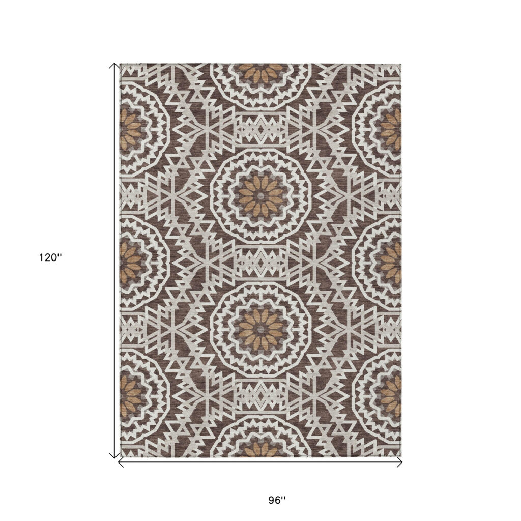 8' X 10' Chocolate Ivory And Taupe Floral Medallion Washable Indoor Outdoor Area Rug